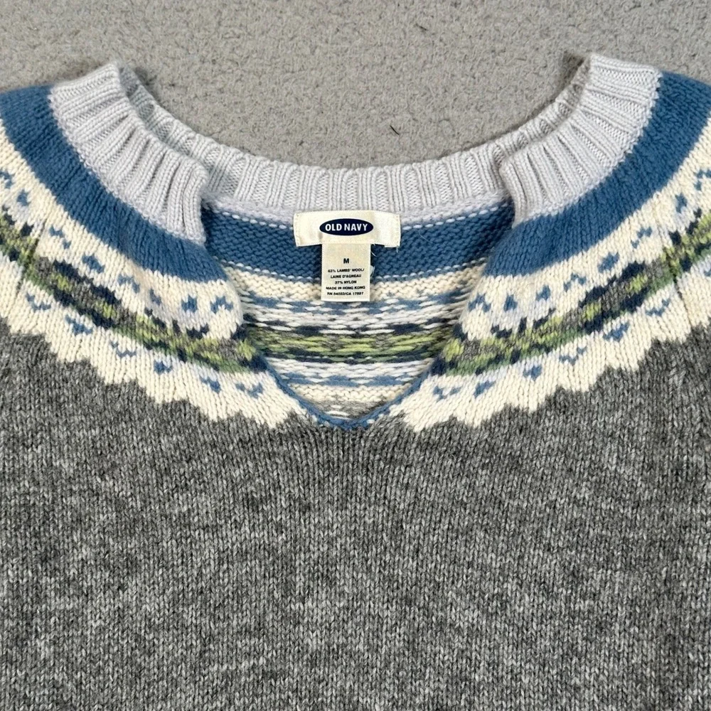 Old Navy Lambswool Fair Isle Sweater Womens M Gray Nordic Cabincore Cozy Knit